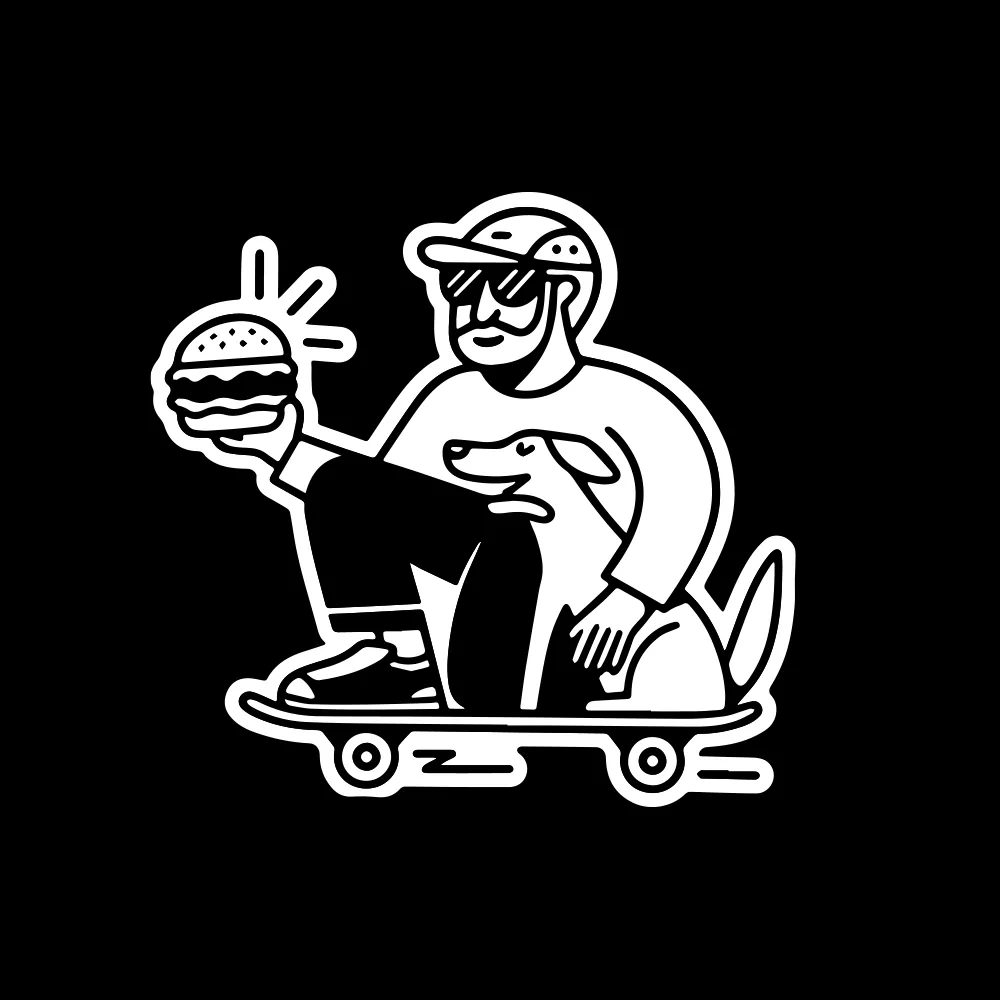 Chik sticker: skater with a dog and a burger