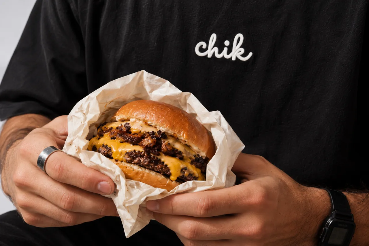 Double cheeseburger held in Chik paper